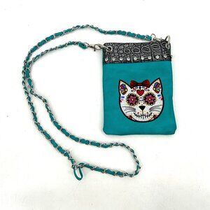 NWOT Girl's Teal Blue Faux Leather Calavera Cat Embroider Bling Crossbody Purse
